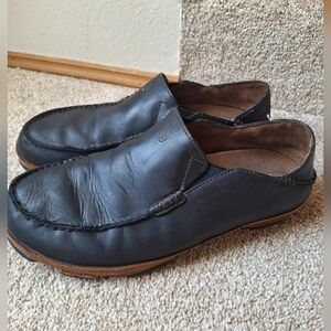 Olukai Moloa Mens Black Leather Slip On Loafers Size 11.5